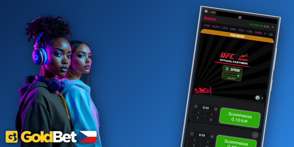 Demo verze Aviator v prohlížeči na Goldbet Casino – herní pole s panelem sázek