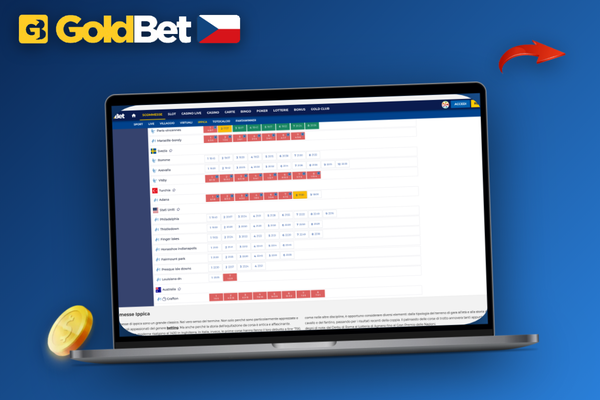 Goldbet Casino desktop na MacBooku ukazuje hlavní menu se sloty a živým kasinem