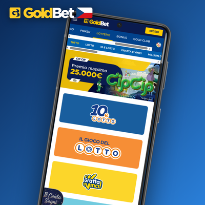 Smartphone s mobilní aplikací Goldbet Casino zobrazující herní lobby pro Android a iOS