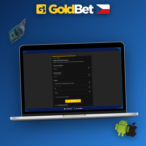 Goldbet Casino registrace na notebooku a mobilu s zlatým tlačítkem pro nové hráče